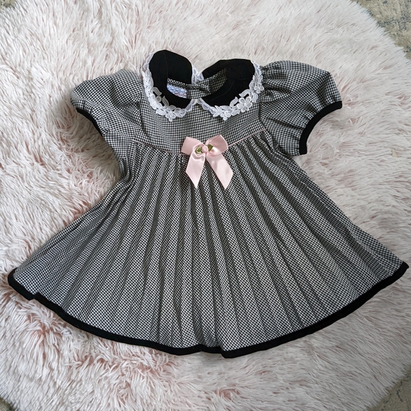 Piccolo Velvet-trimmed Pleated Check Dress Lacey Peter-pan Collar 12m - Picture 2 of 11